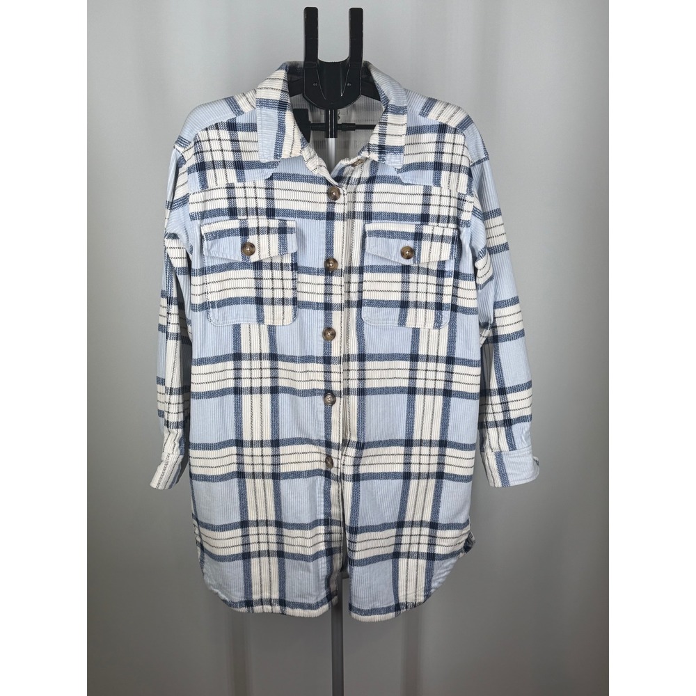 Maurices Light Blue Plaid Corduroy Shirt Jacket Shacket Longline Top Women M